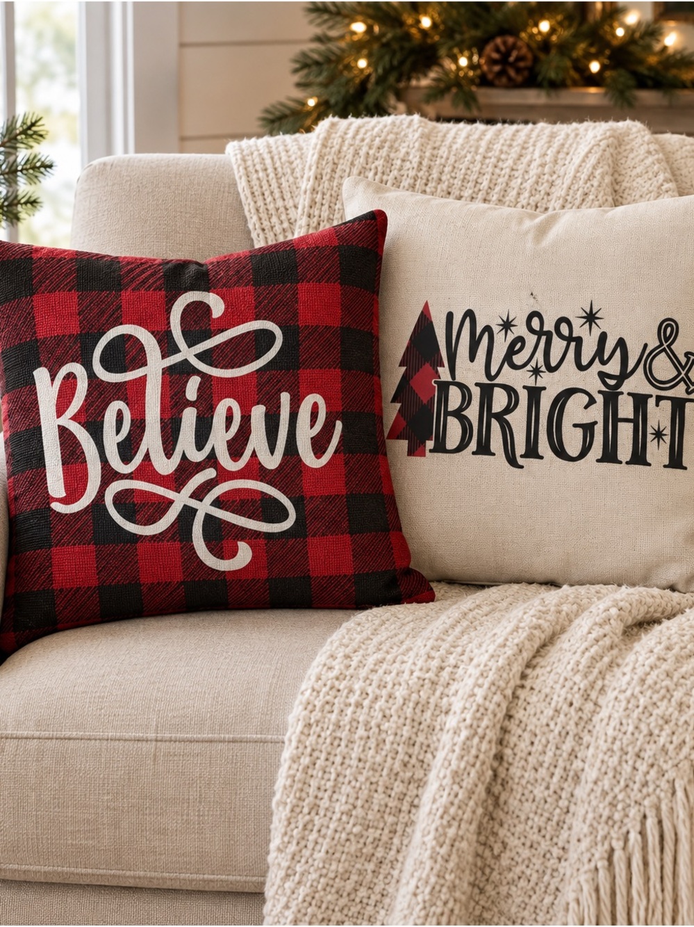 Believe Buffalo Plaid Holiday Throw Pillow - Red